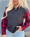 Red Plaid Collar Patchwork Top