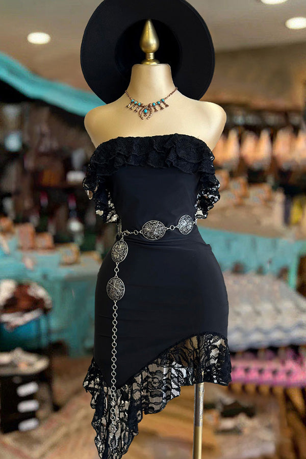 Black Lace Ruffle Off Shoulder Dress