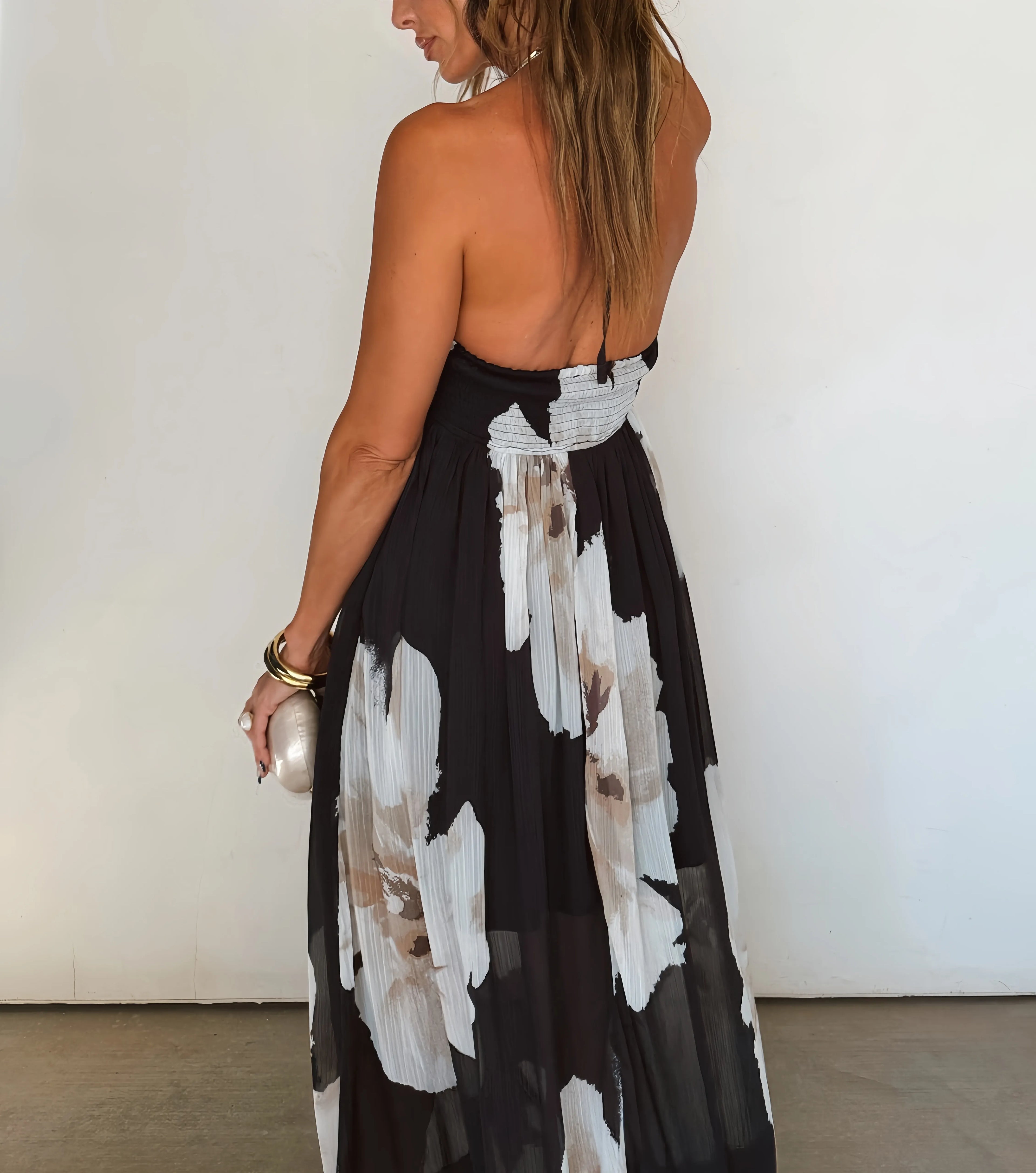 Midnight Bloom Halter Maxi Dress