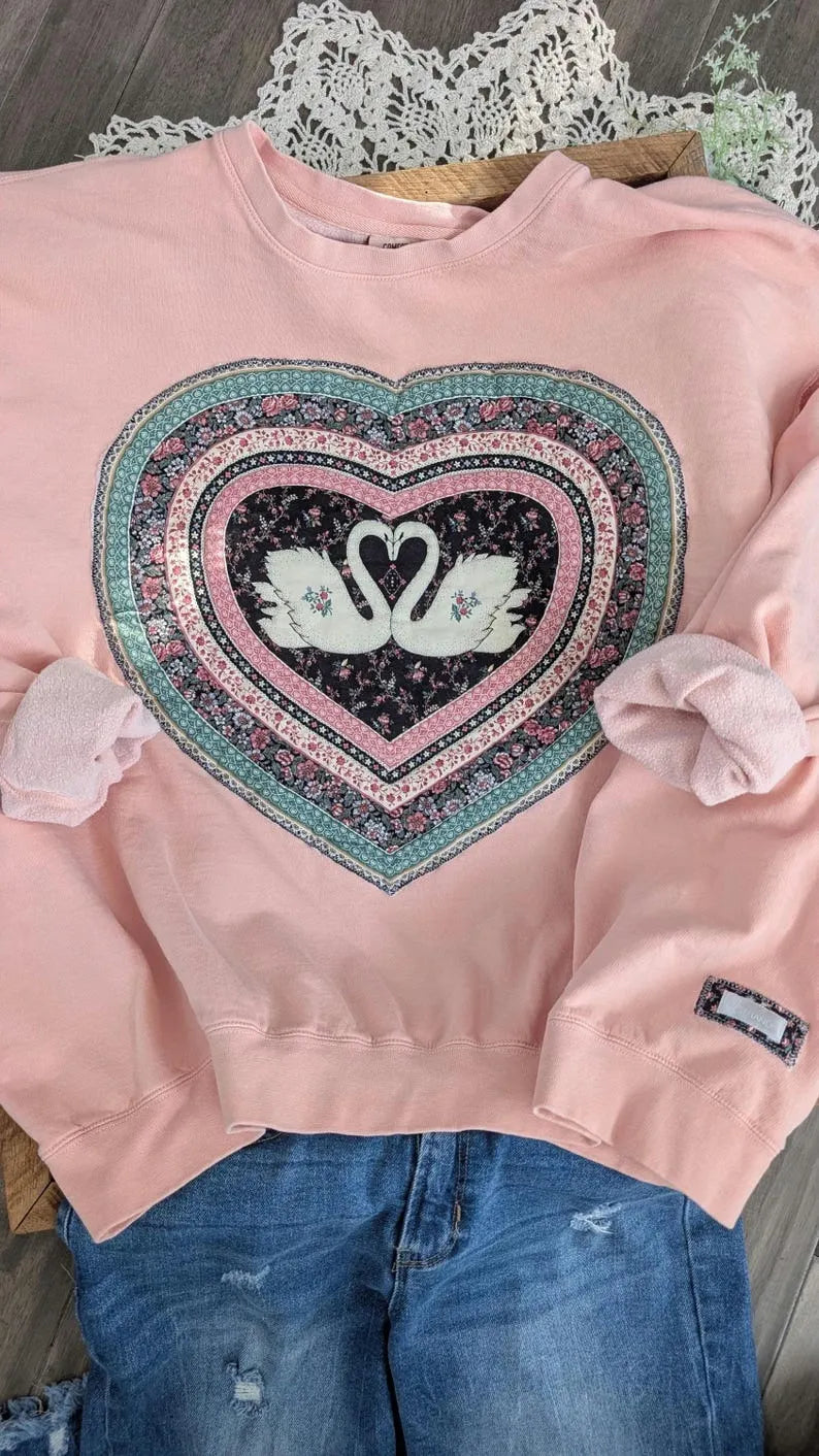 SWANS Heart on Pale Pink Crewneck