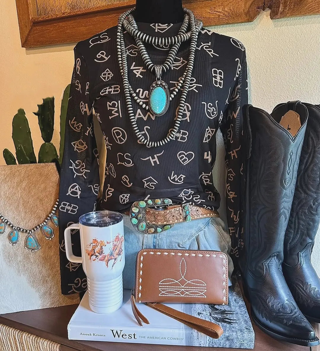 Vintage Western Special Symbols Mesh Top- Black