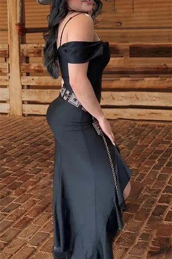 One-shoulder Strappy Ruffled Slit Dress