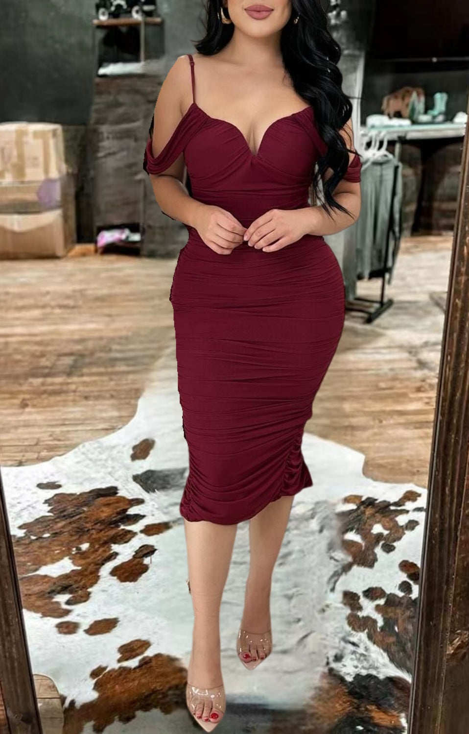 Western-Inspired Ruched Bodycon Midi Dress