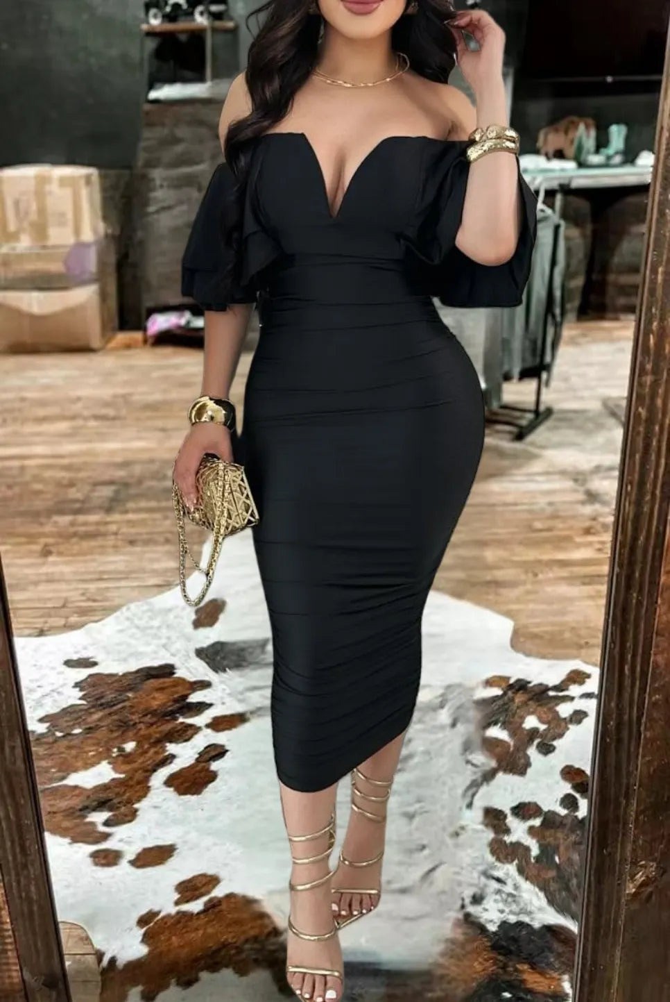 Chic V neck Off-Shoulder Satin Dress