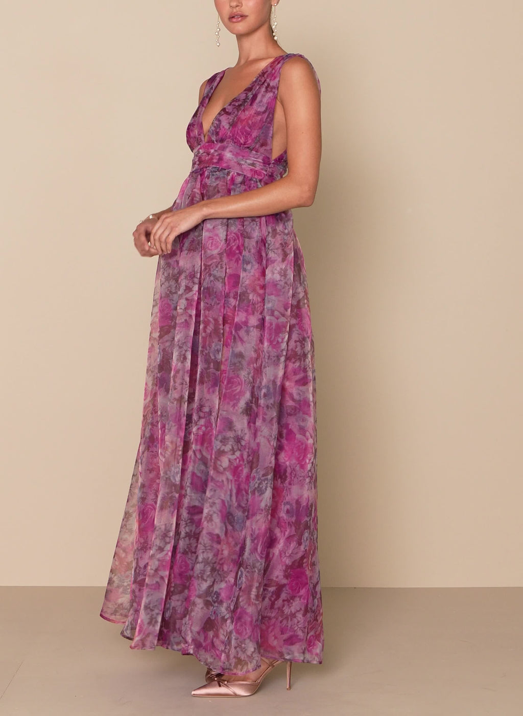 Garden Romance Magenta Floral Print Organza Maxi Dress