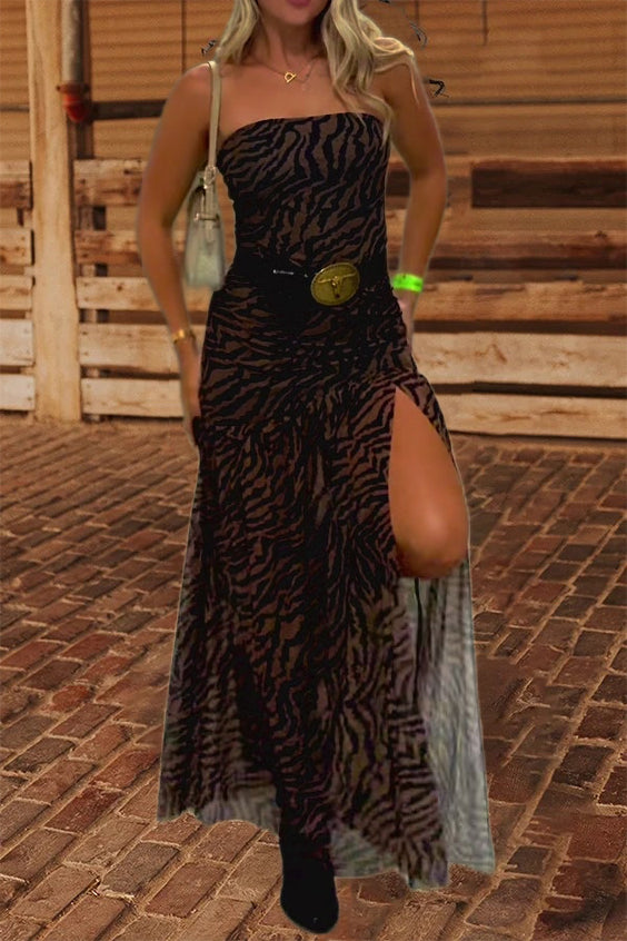 Strapless Sleeveless Printed Slit Dress