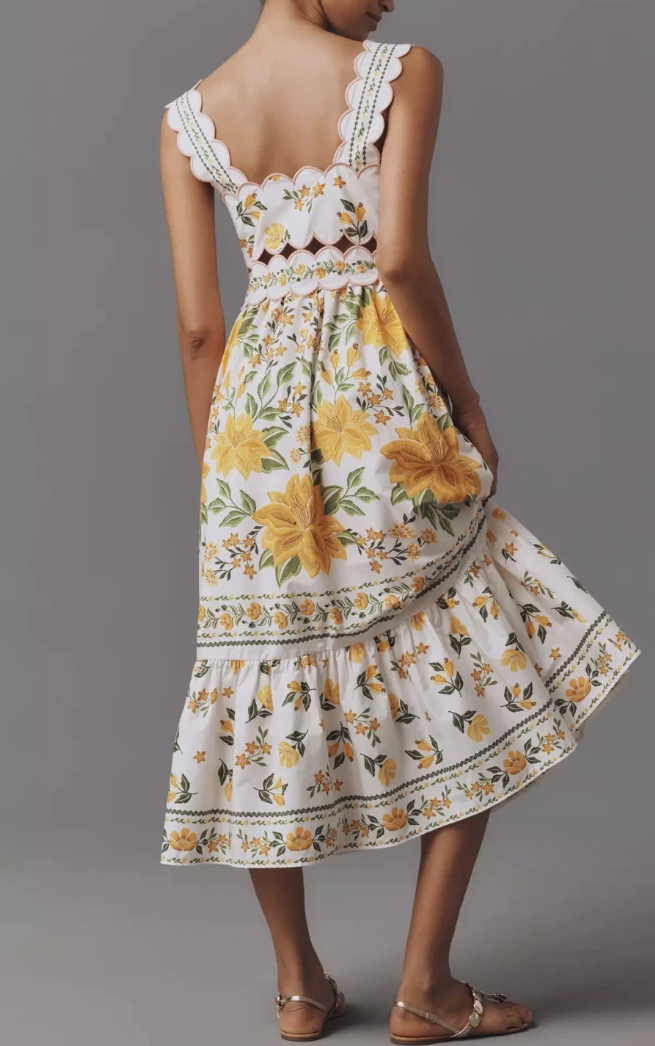 Sleeveless Scallop-Trim Printed Midi Dress
