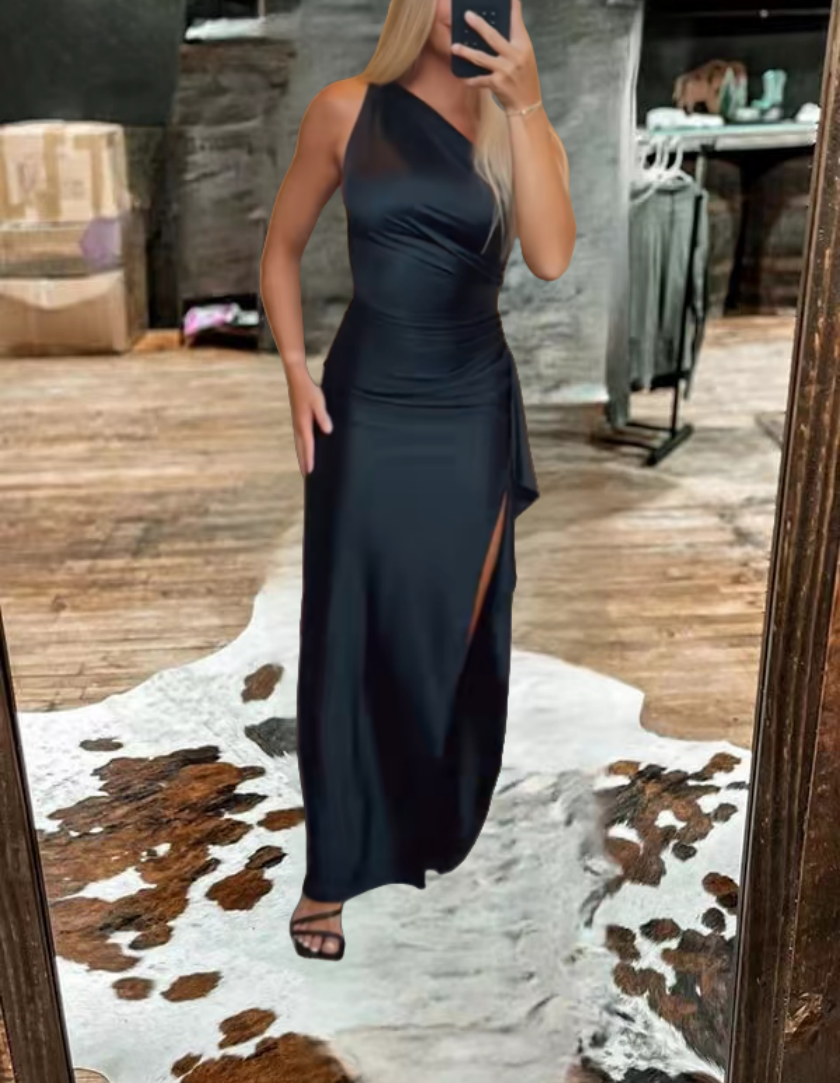 Women's black one-shoulder floor-length dress