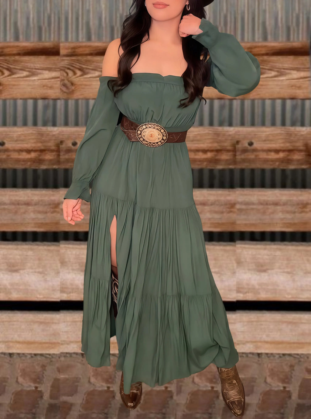 Western Off-Shoulder Slit Maxi Dress