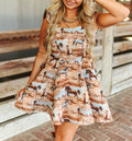 Beige Running Horse Woven Ruffle Strap Flutter Dress