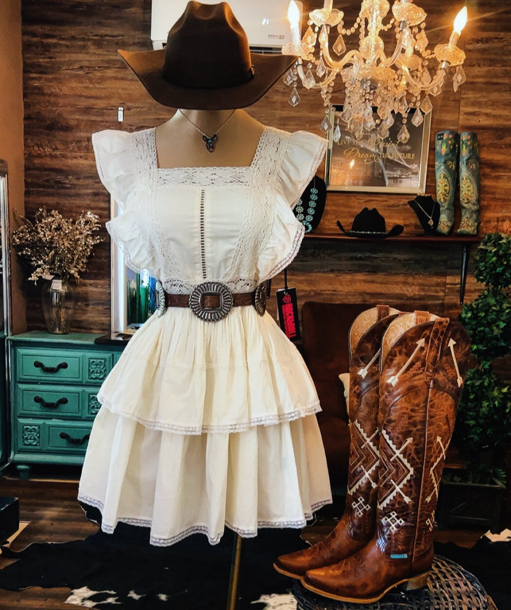 Western Boho Ruffle Tiered Mini Dress--white