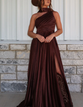 Chocolate One Shoulder Pleated  Maxi Dress