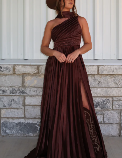 Chocolate One Shoulder Pleated  Maxi Dress
