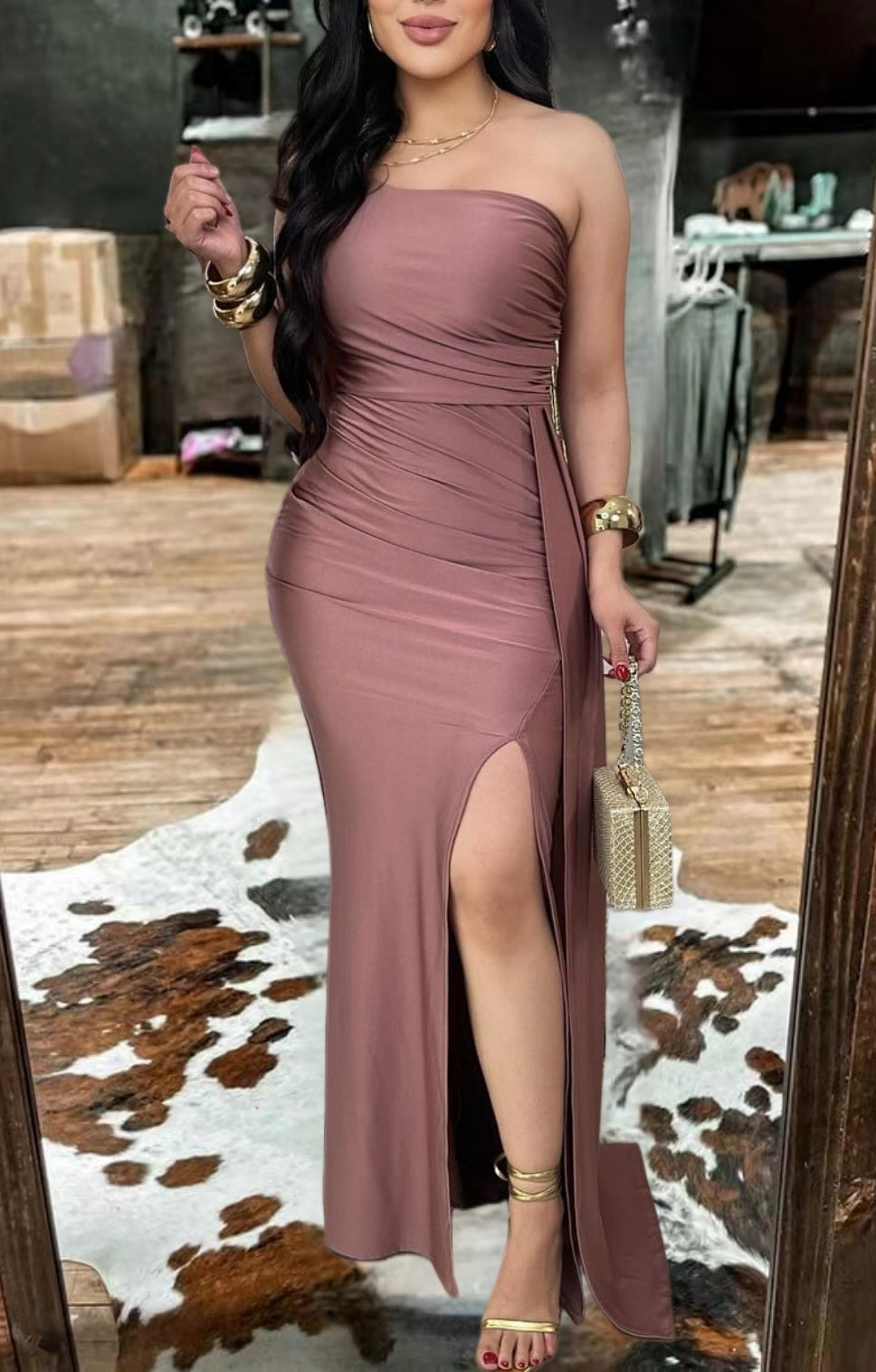 Beautiful   One-Shoulder   Ruched Maxi Dress