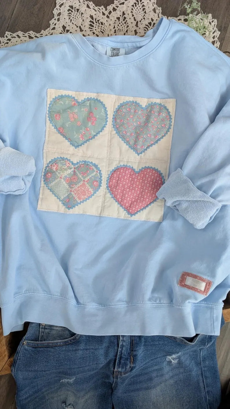Vintage Quilted HEARTS Print on Pale Blue Crewneck