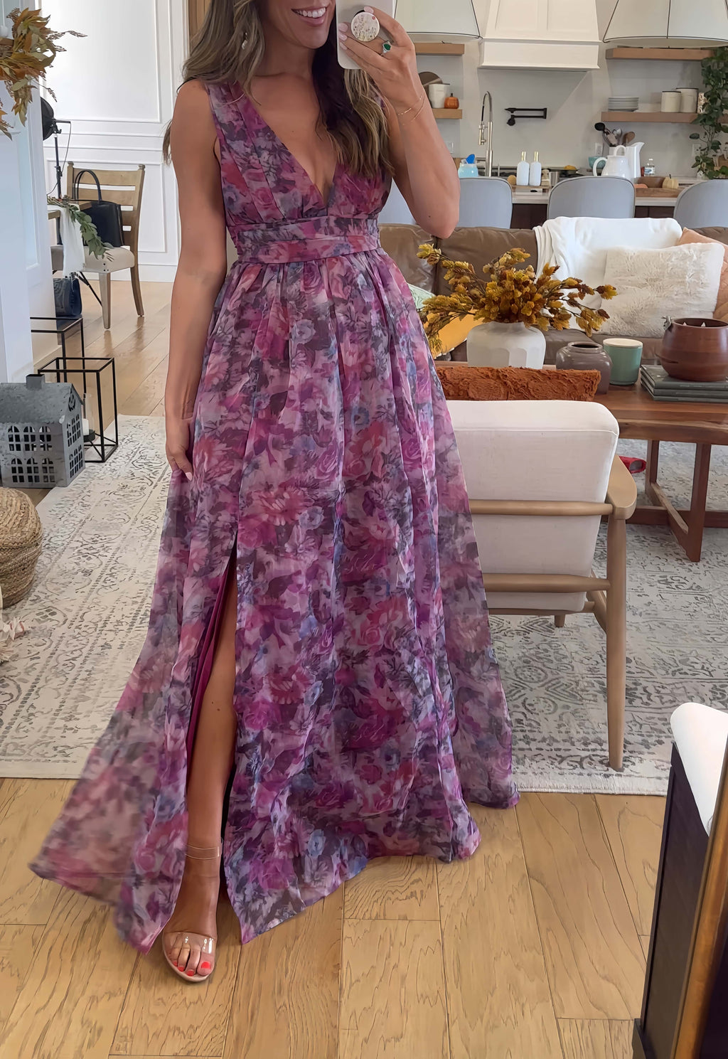 Garden Romance Magenta Floral Print Organza Maxi Dress