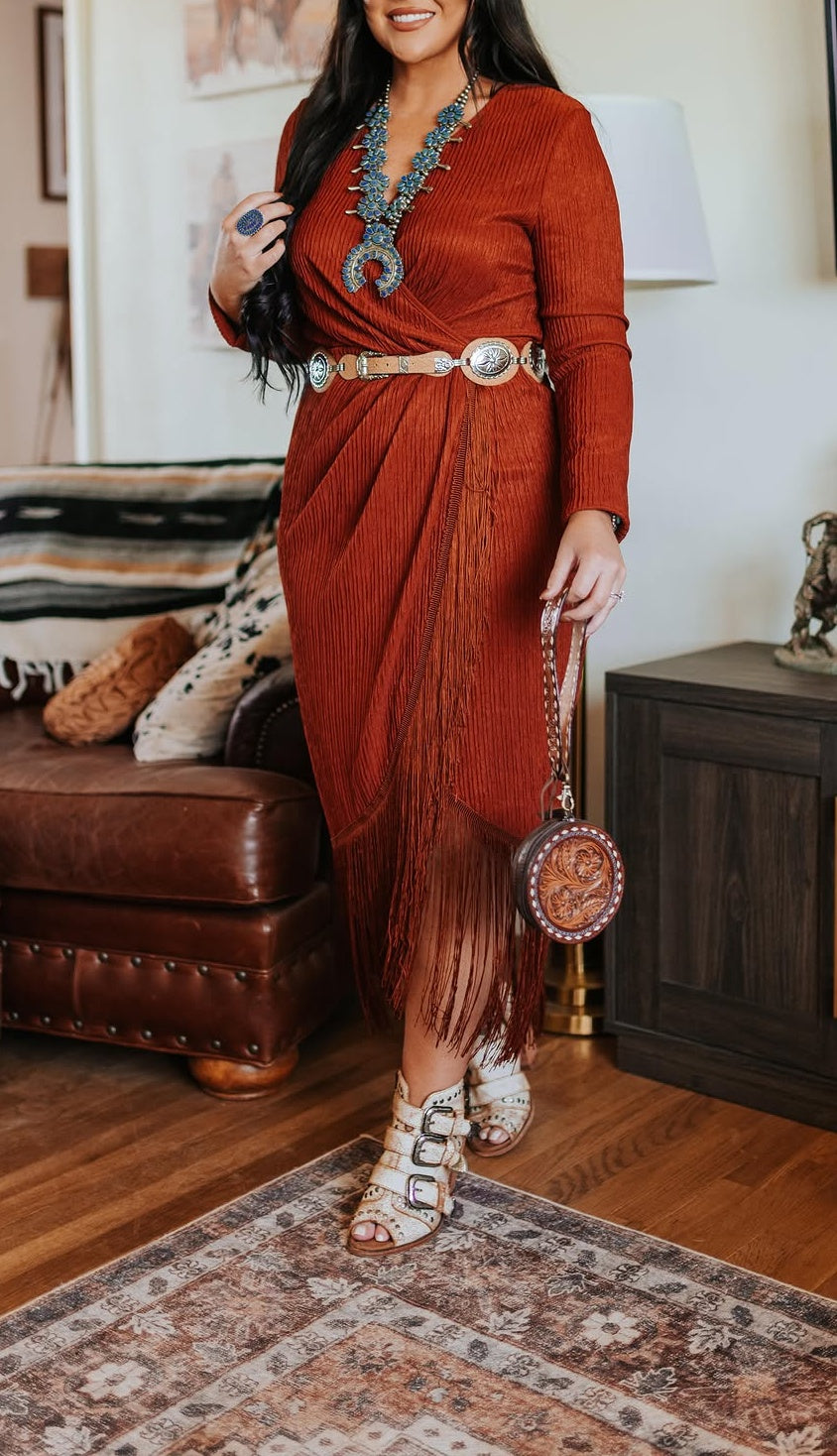 Rodeo Fringe Long Sleeve V-Neck Dress