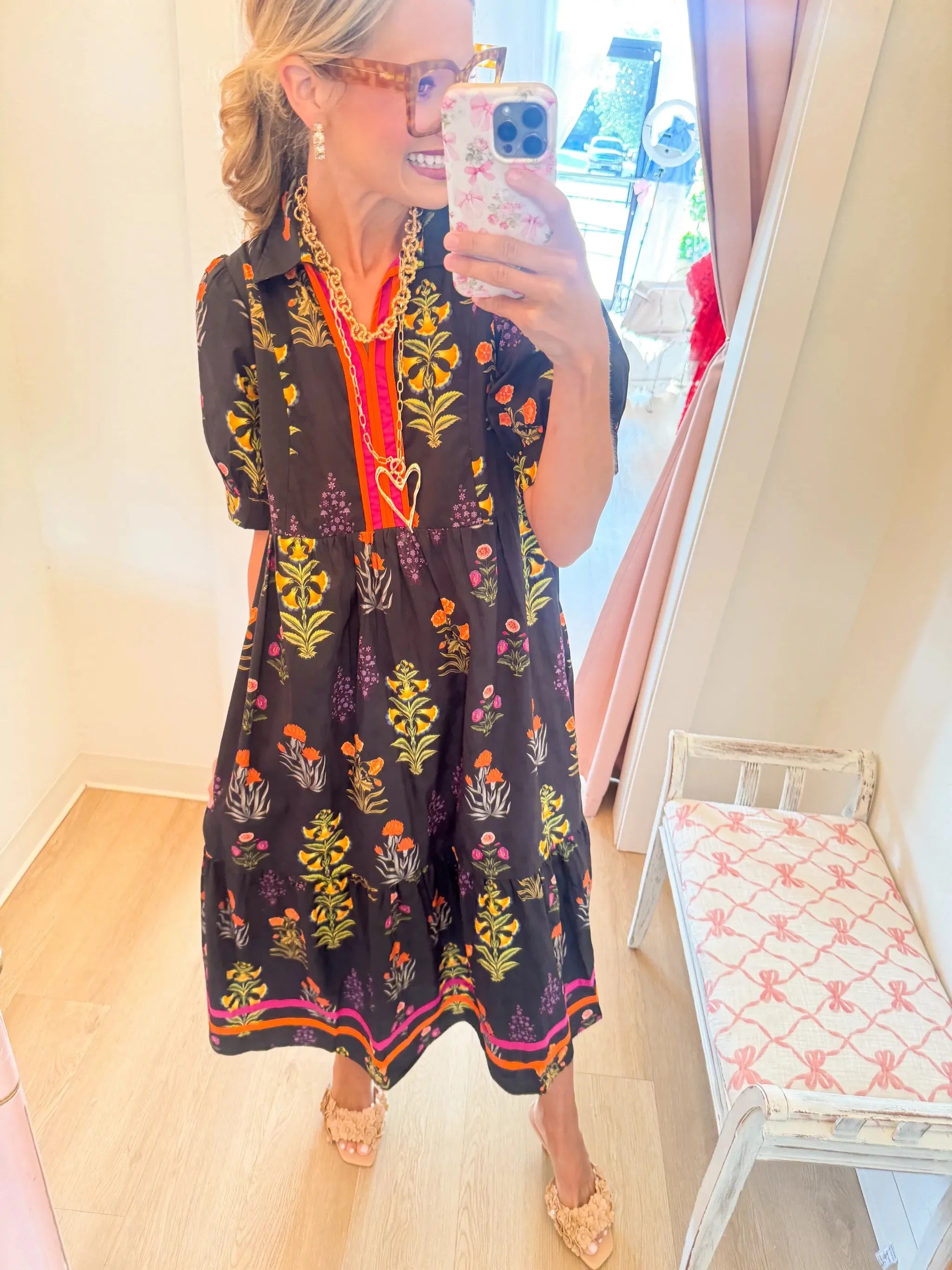Black Floral Contrast Tiered Midi Dress
