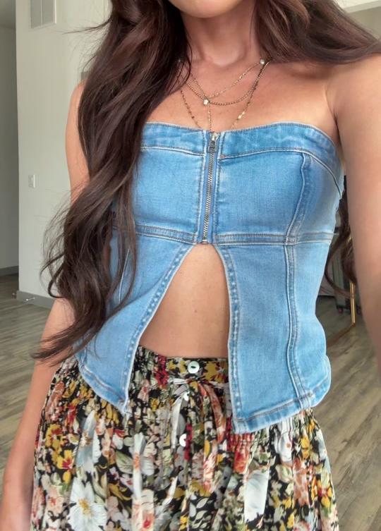 Denim Zip-Front Tube Top