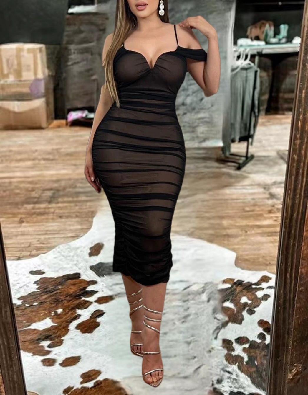 Western-Inspired Ruched Bodycon Midi Dress