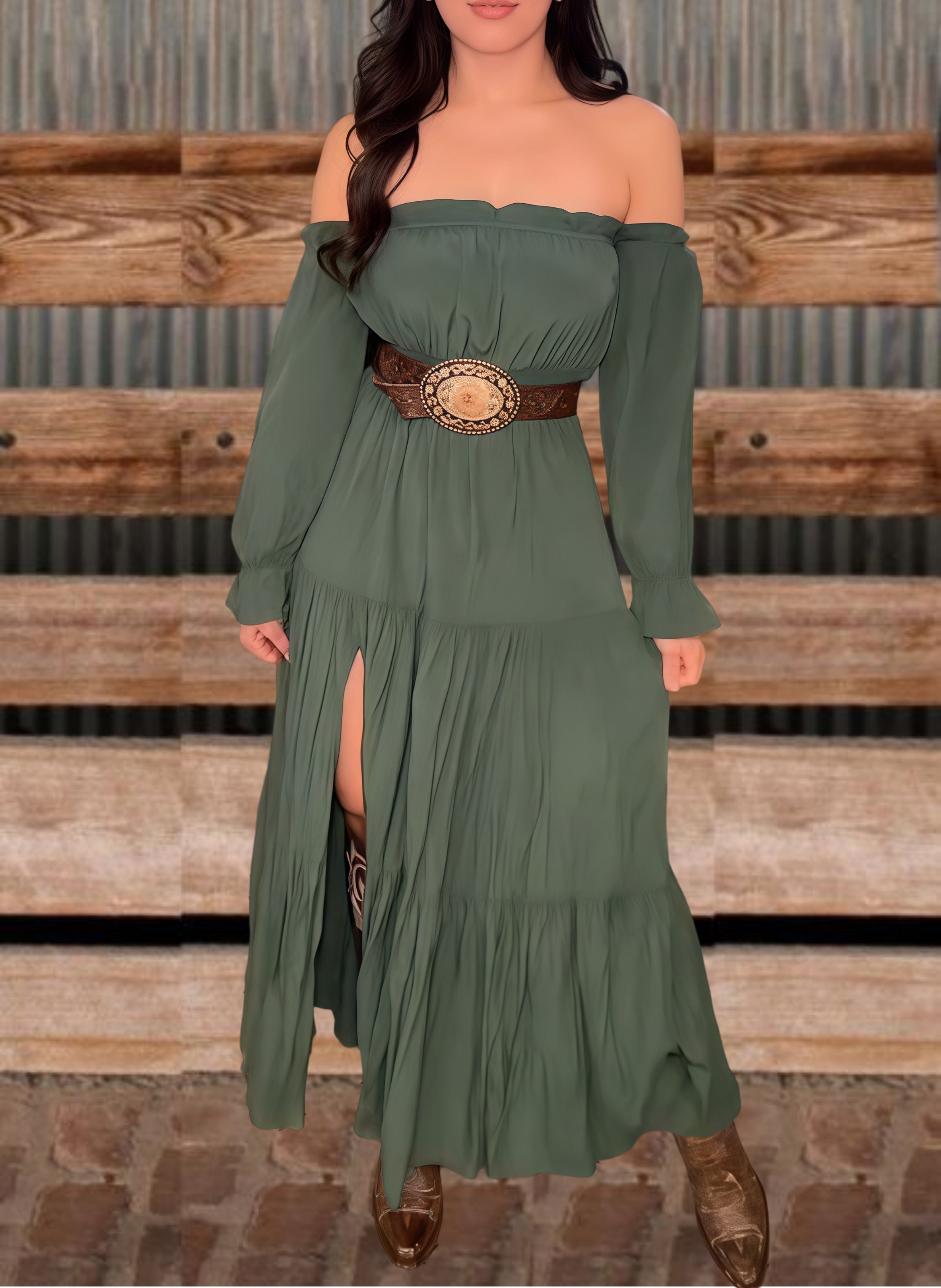 Western Off-Shoulder Slit Maxi Dress