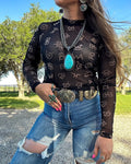 Vintage Western Special Symbols Mesh Top- Black