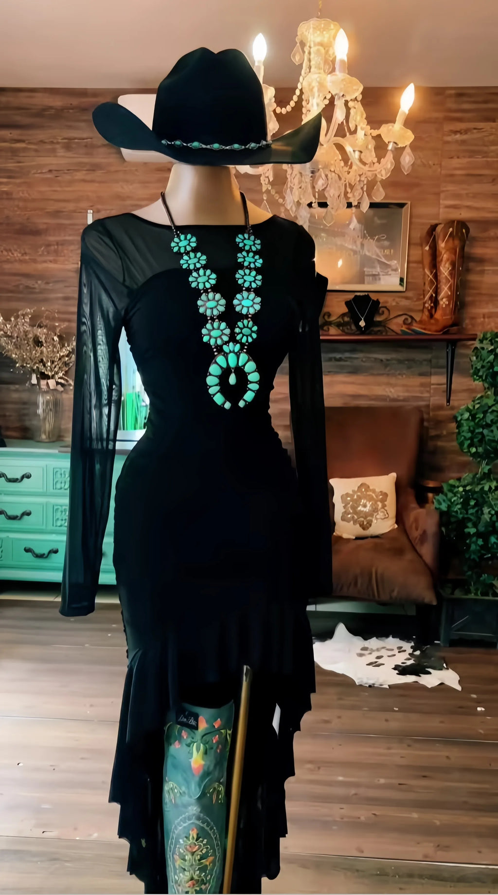 Western Black Ruffle Long Sleeve Slim Fit High-Low  Dress