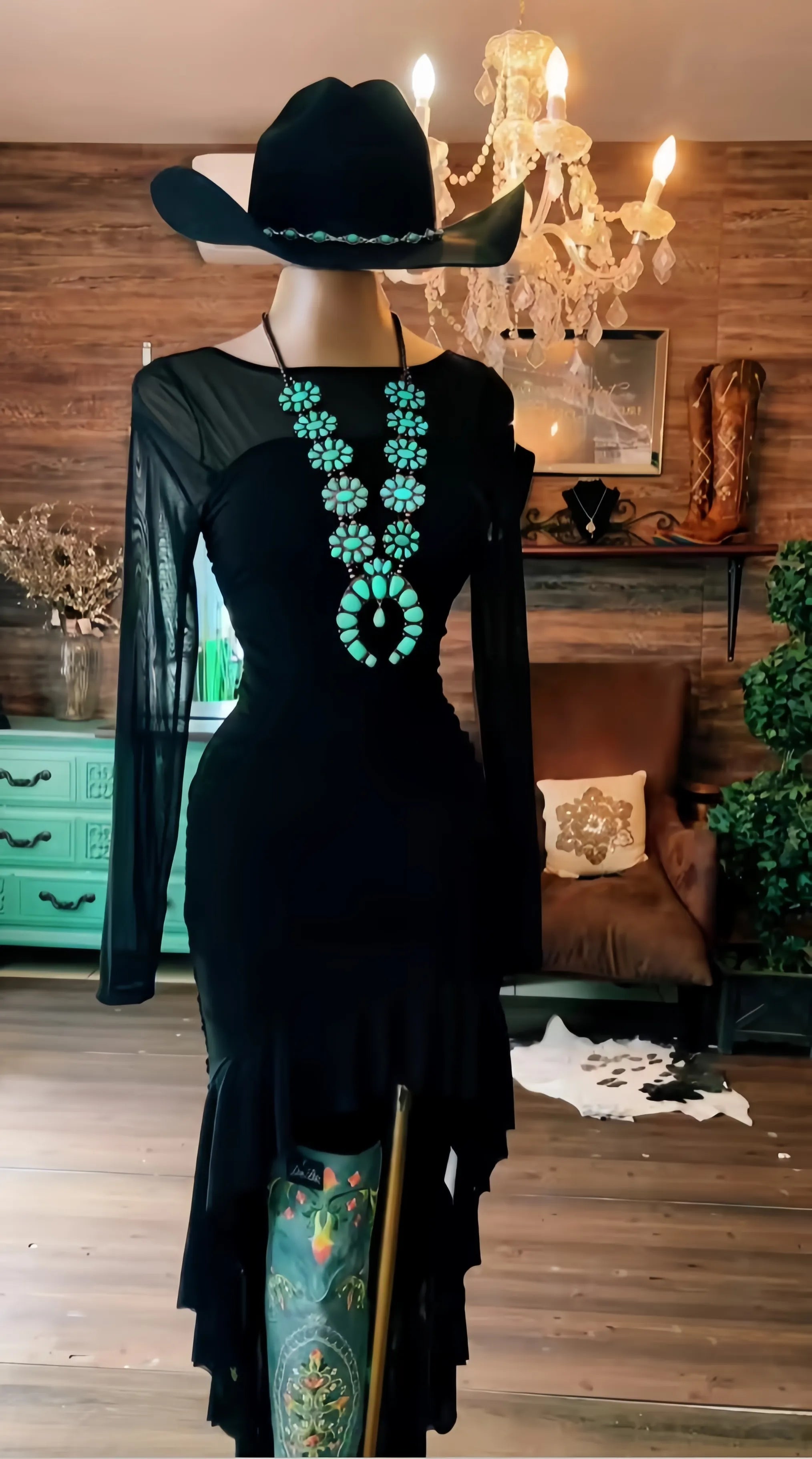 Western Black Ruffle Long Sleeve Slim Fit High-Low  Dress