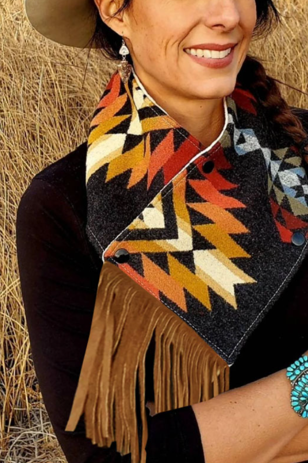 Women's Western Fringed Scarf -  Aztec Pattern