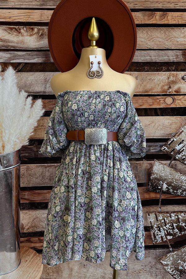 Beautiful Off Shoulder Floral Smocked Dress-0520