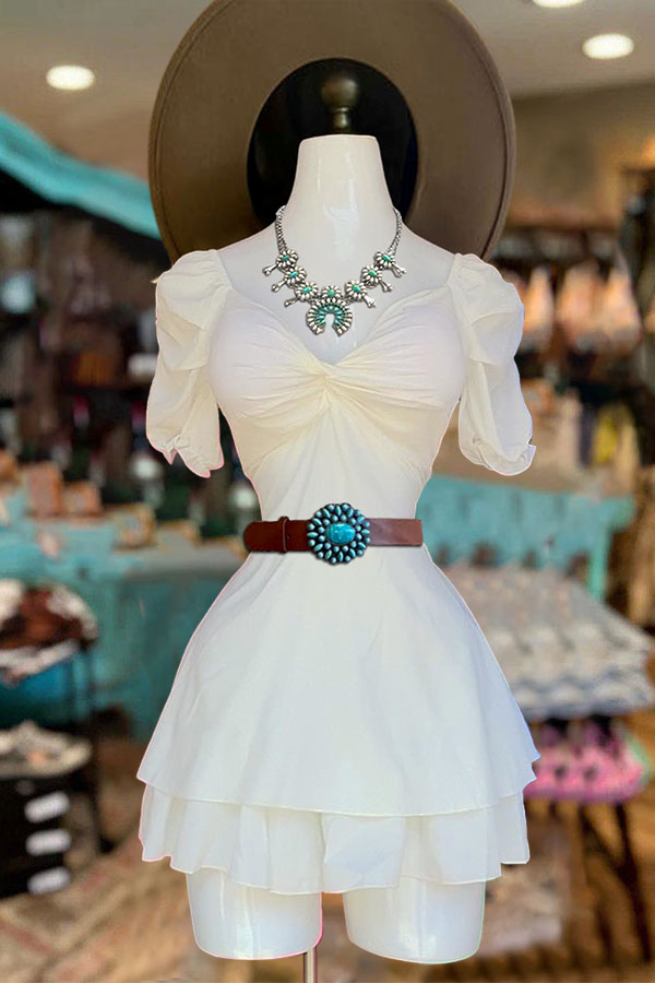 Pretty Ruffled Pleated V-Neck Short-Sleeved Dress