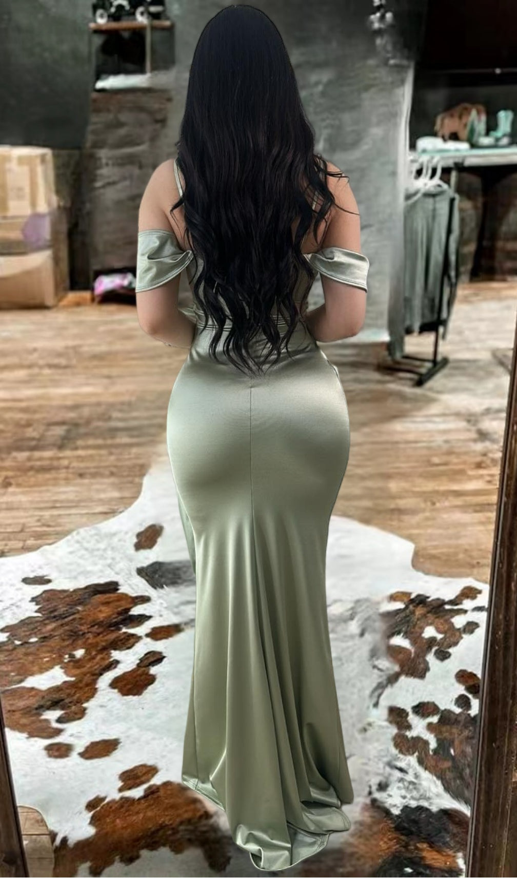 Satin Off-Shoulder Side Slit Bodycon Gown Maxi Dress