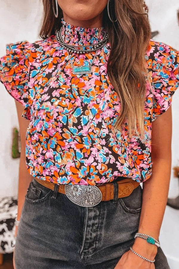 Ryan Floral Print Flutter Sleeve Blouse Top