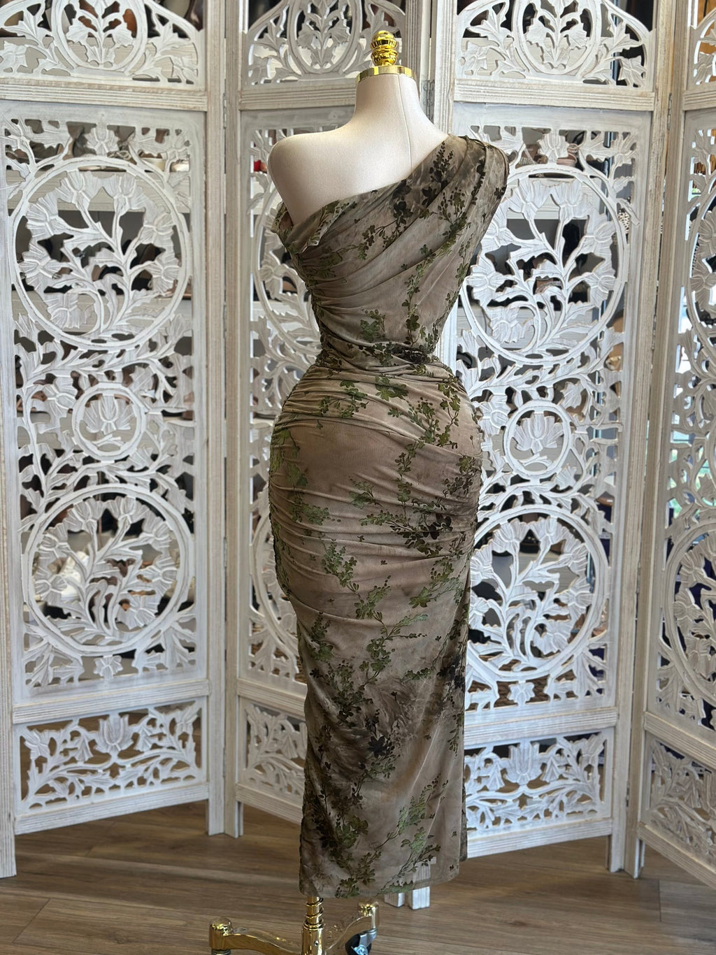 One Shoulder Asymmetrical Taupe Floral Midi Dress