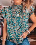 Vintage Ethnic Western Print Ruffled Sleeveless Top