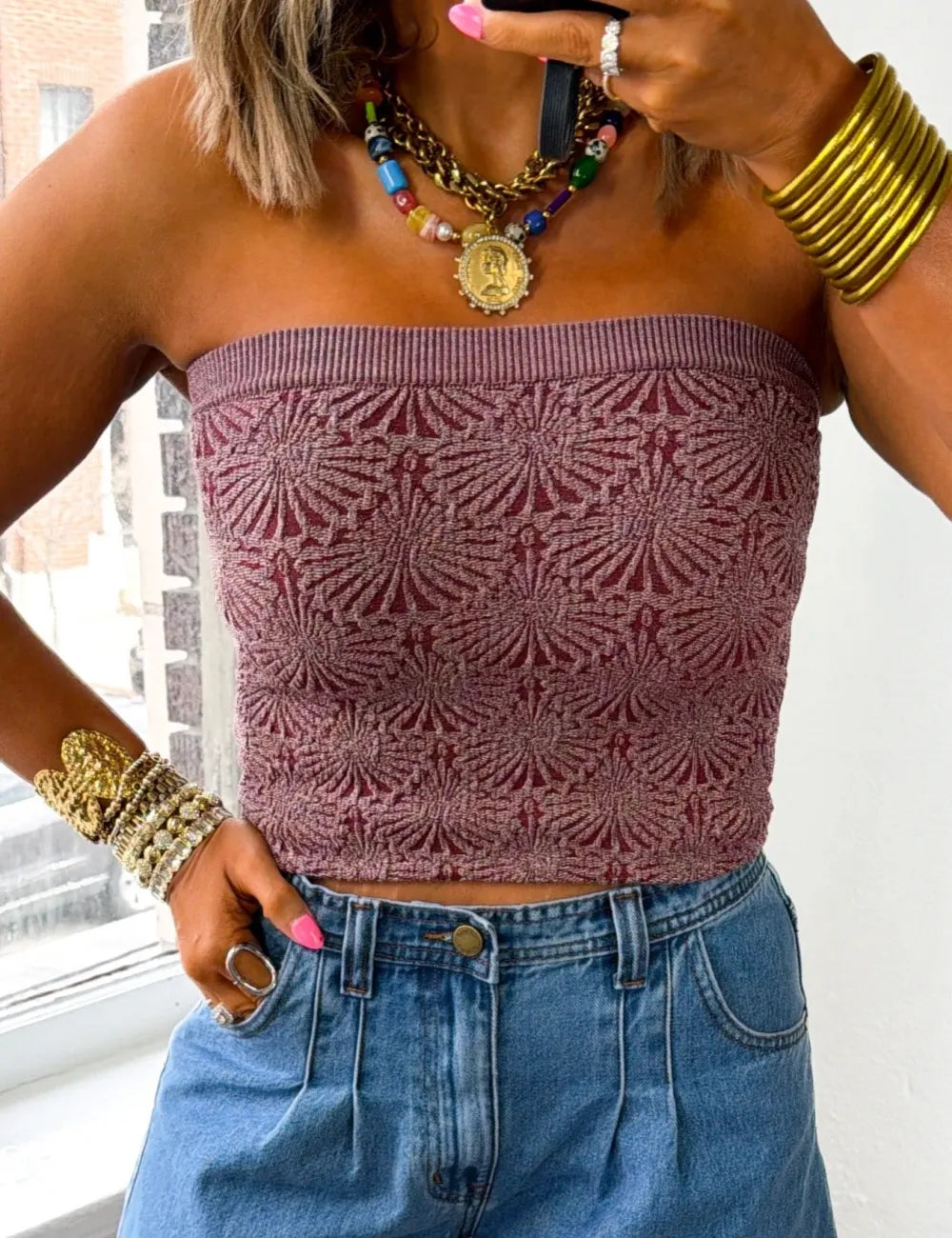 Floral Detail Strapless Tube Top