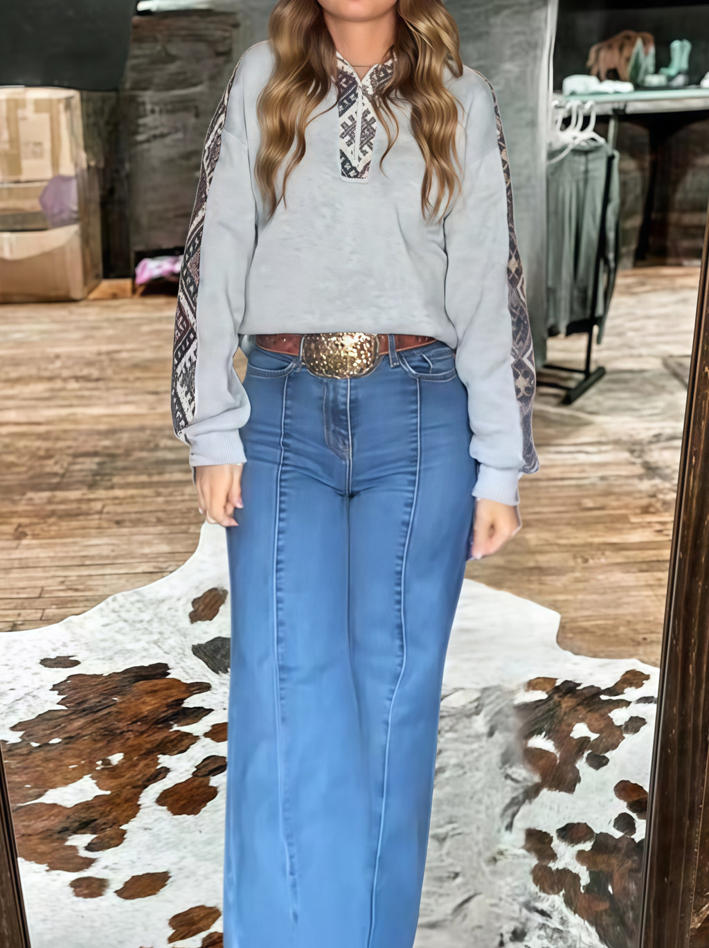Women's Western Print Zip-Up Top