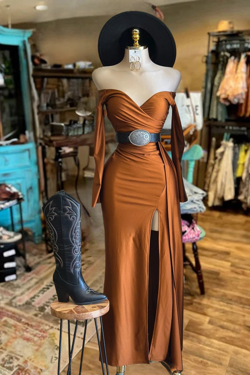 Western Elegance Off-Shoulder Split Maxi Dress