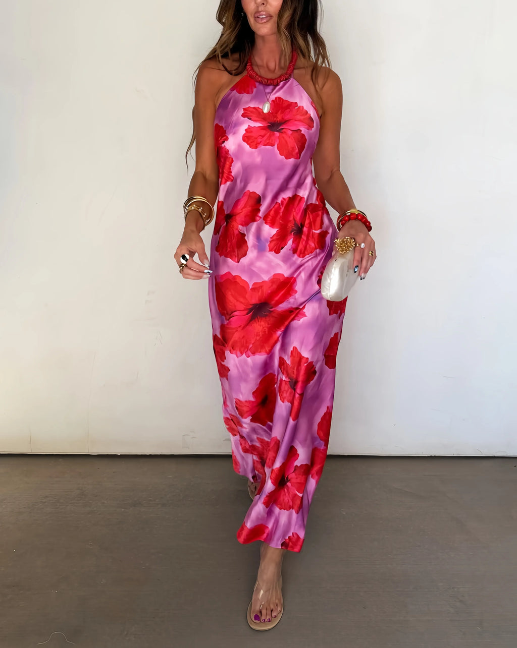 Rose Allure Satin Halter Maxi Dress