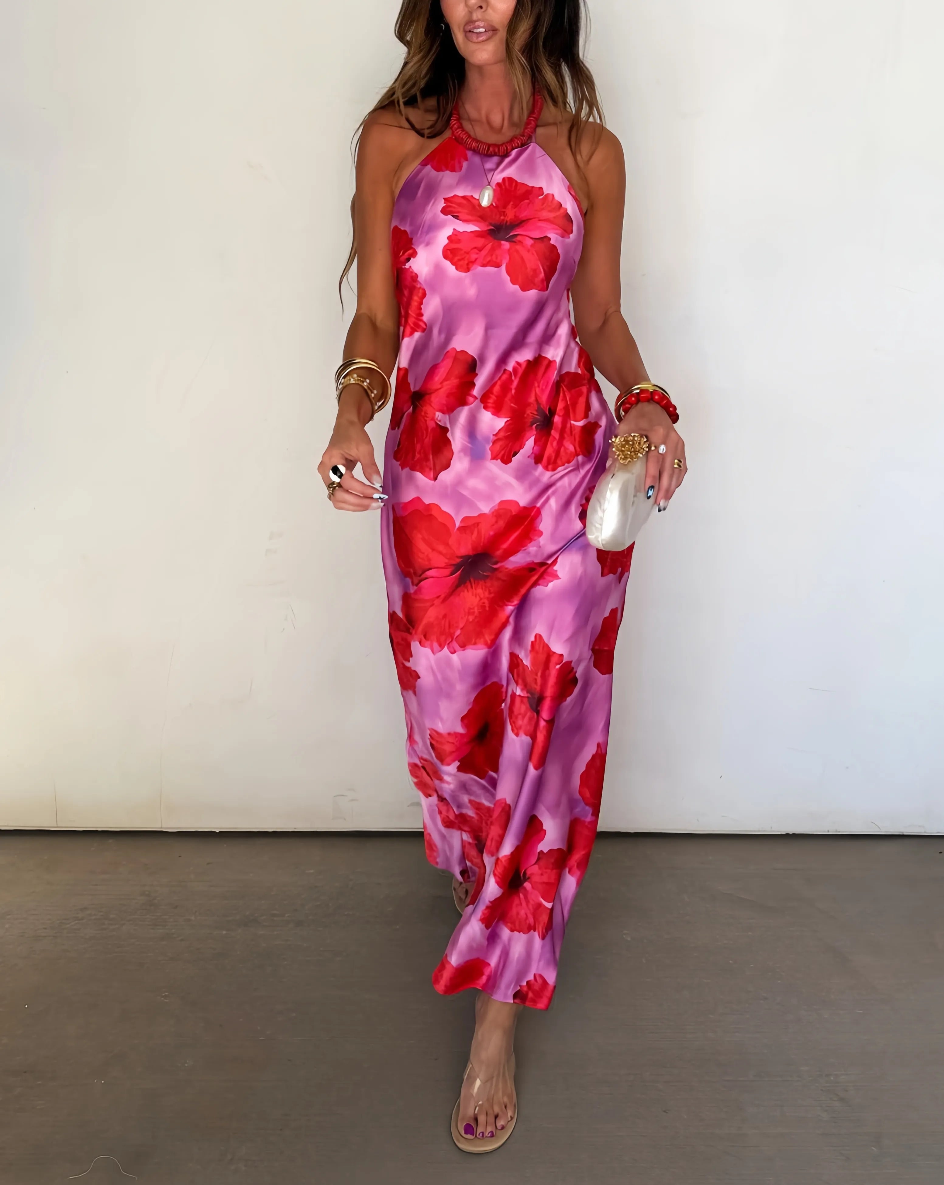 Rose Allure Satin Halter Maxi Dress