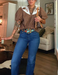 Women's Western Plaid Top with Steer Head Print
