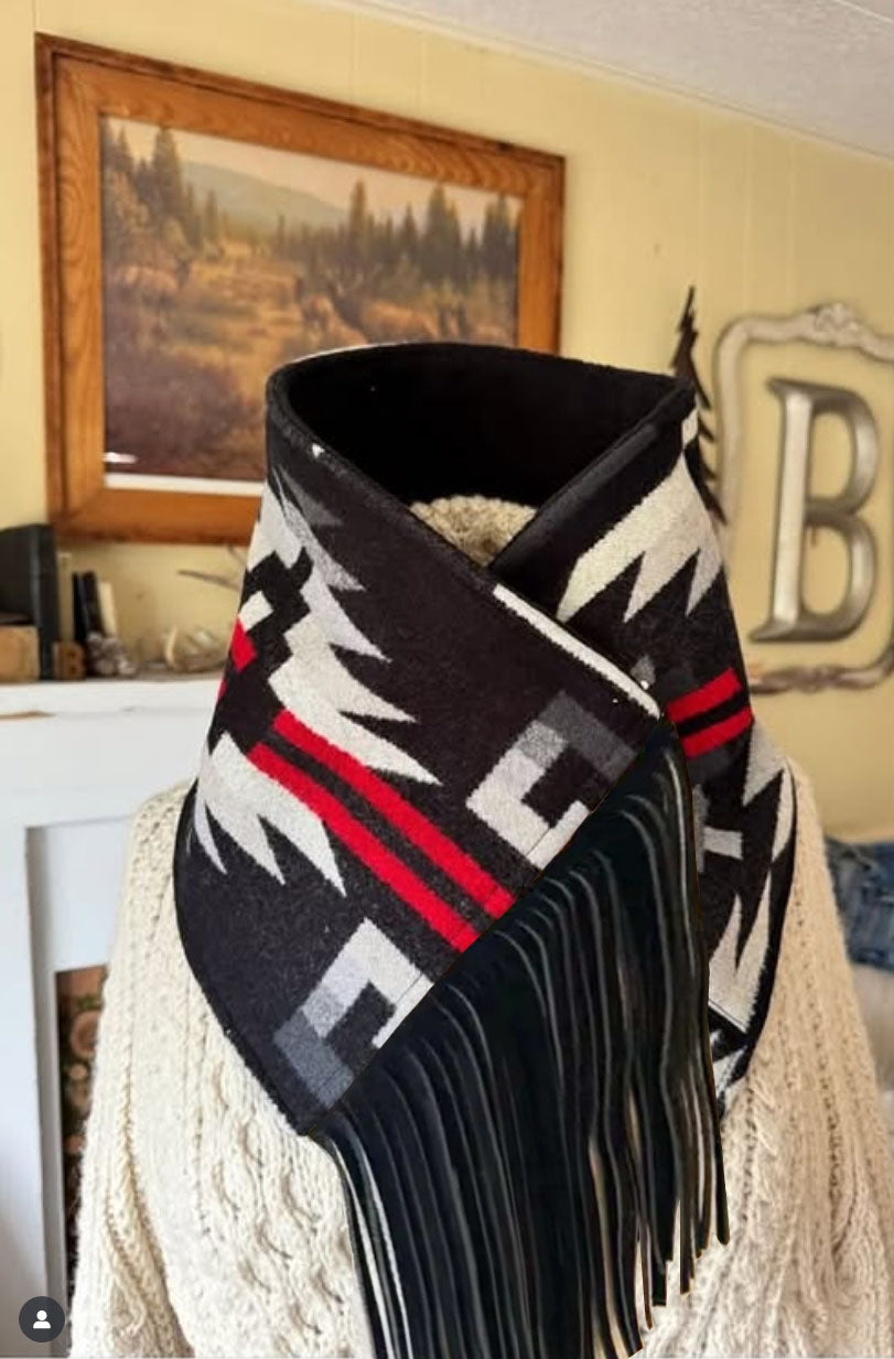 Women's Western Fringed Scarf - Red/Black Aztec Pattern
