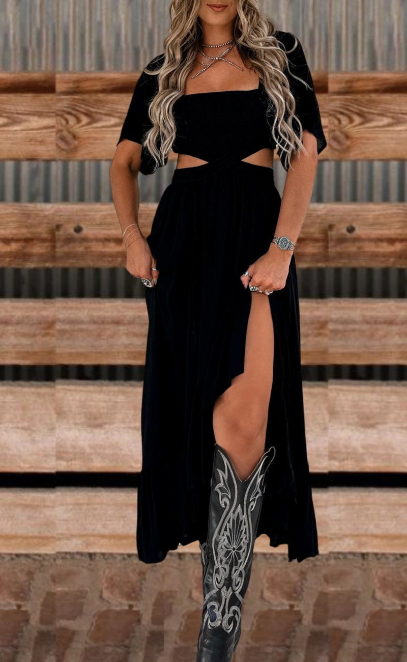 Vintage V-neck Slit Black Long Sleeve Maxi Dress