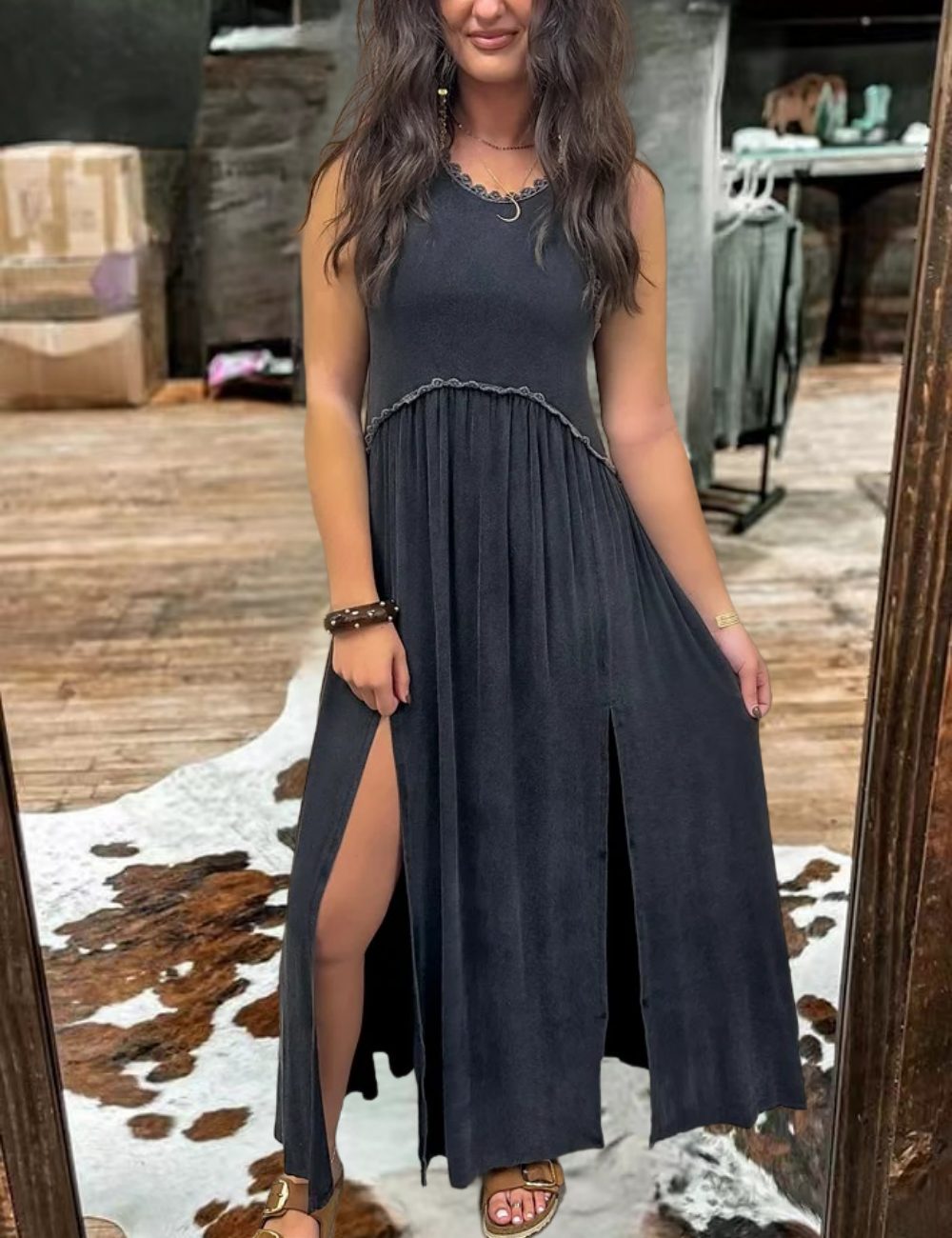 Women's Black Slit Lace Dress