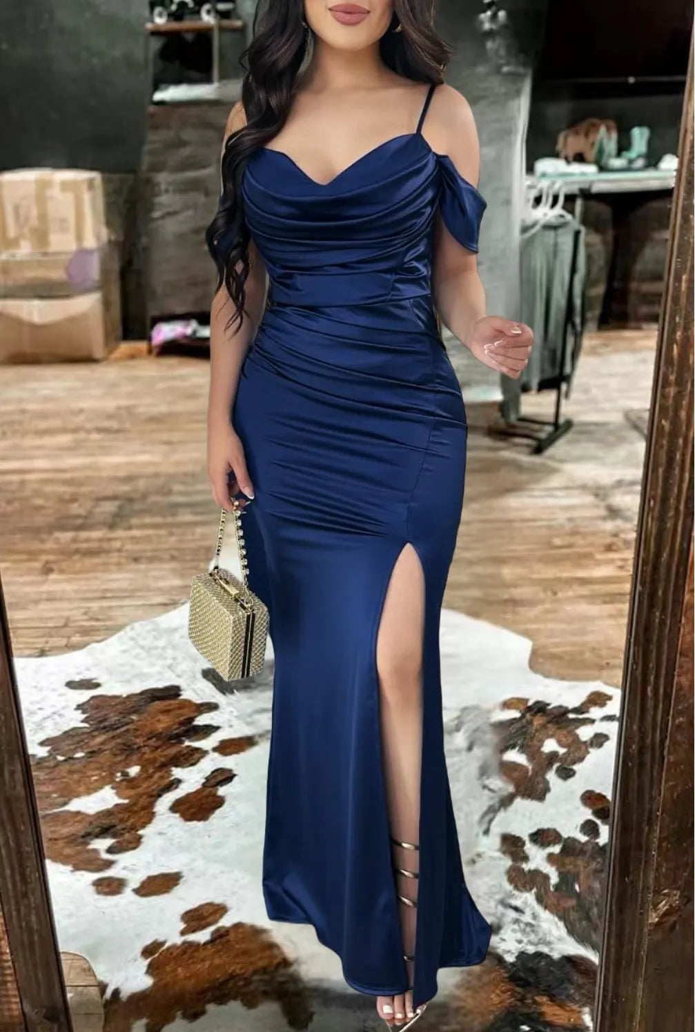 Satin Off-Shoulder Side Slit Bodycon Gown Maxi Dress