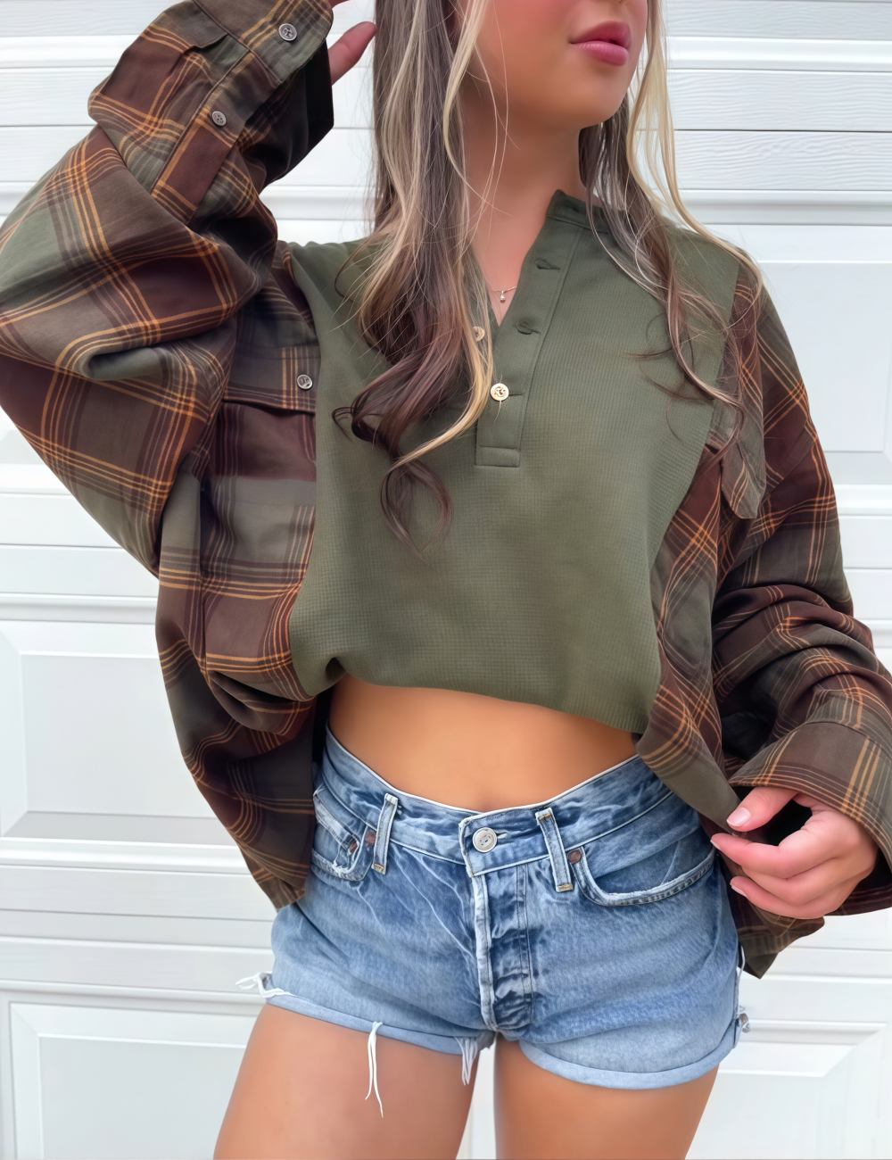 Retro Green Plaid Patchwork Top