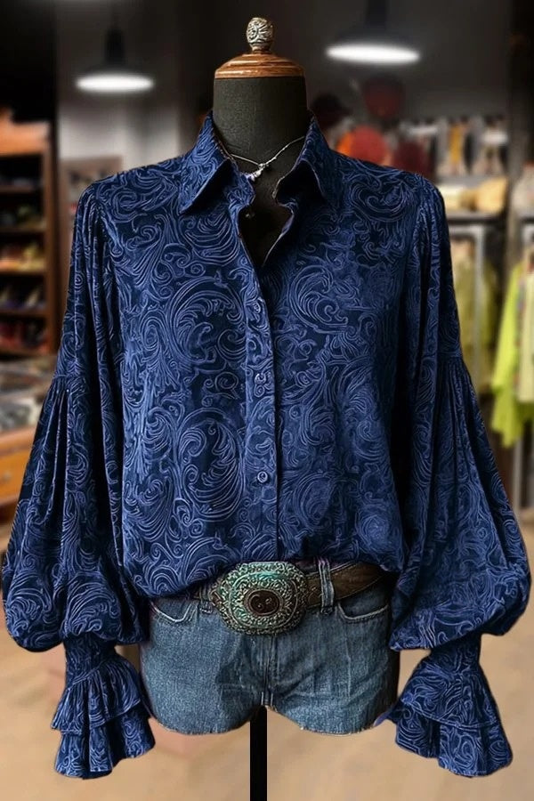Vintage Floral Print Lantern Sleeve Velvet Top