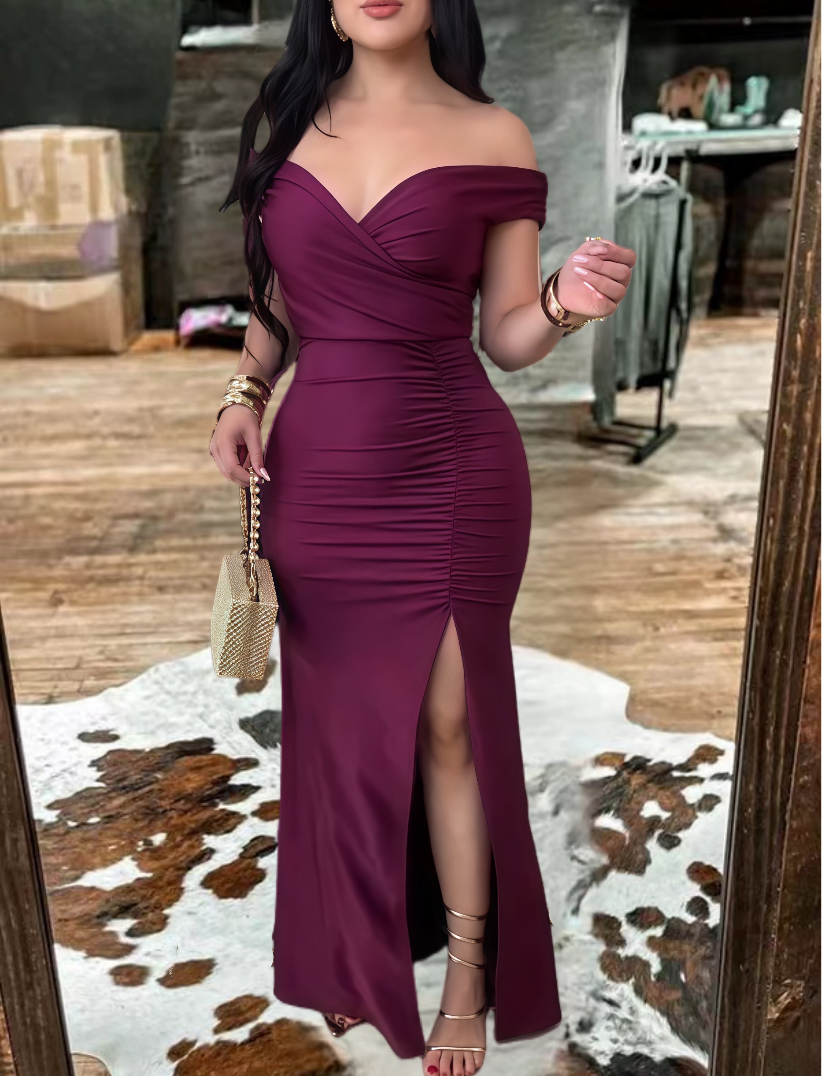 Off-Shoulder Ruched Evening Maxi Dress