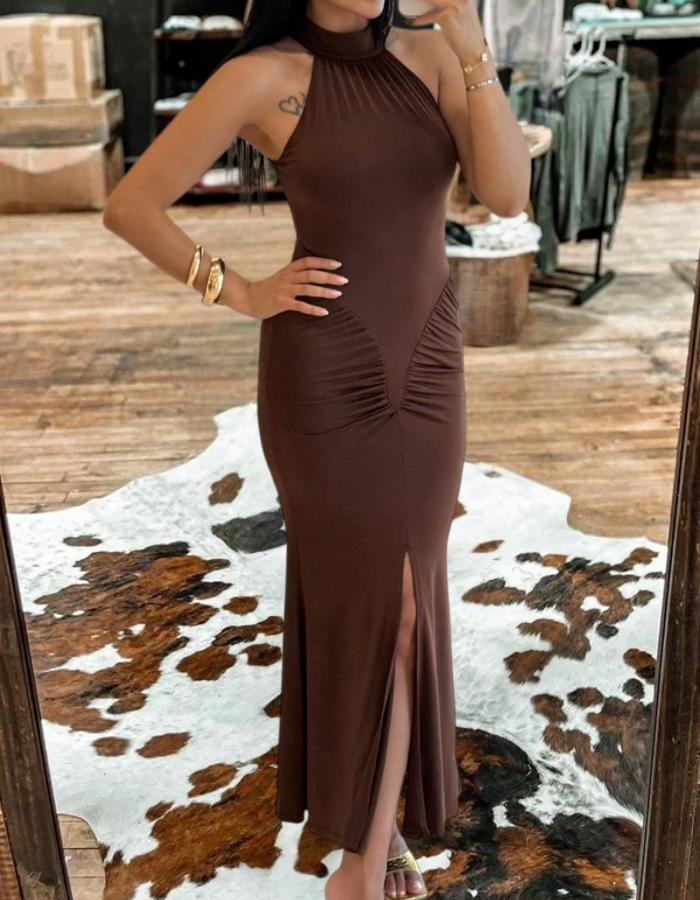 Halter Neck Pleated Long Dress